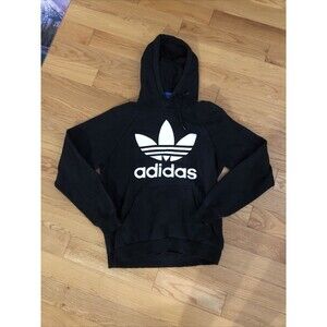 Adidas Tre-Foil Hoodie Men’s Small Black Sweatshirt Spell Out Big Logo Pullover